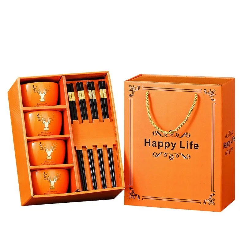 best selling product Colored glaze square ceramic bowl and chopsticks set box gift dinnerware ceramic tableware