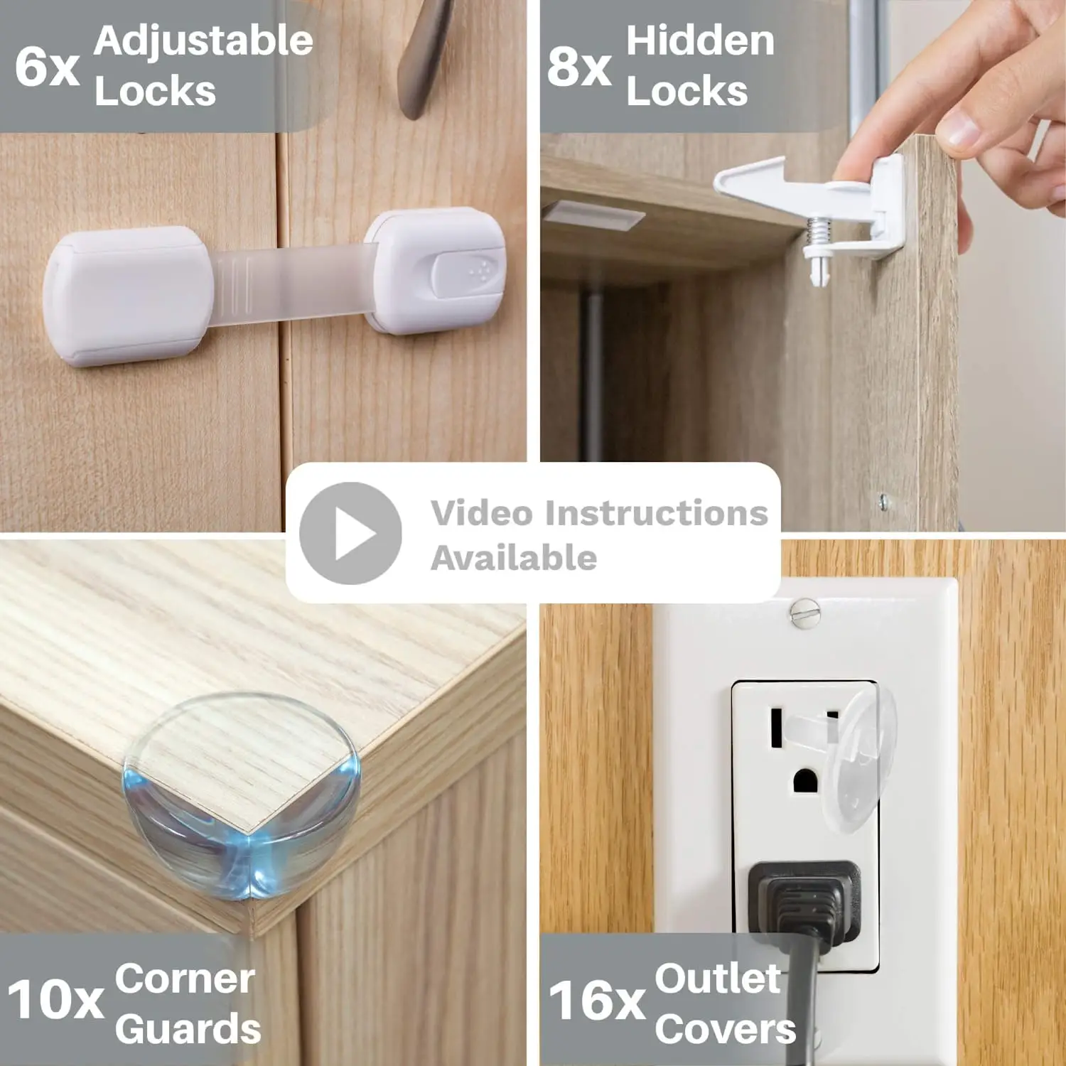 Complete Baby Proofing Kit - Child Safety Hidden Locks for Cabinets & Drawers Adjustable Safety Latches Corner Guards and Outl