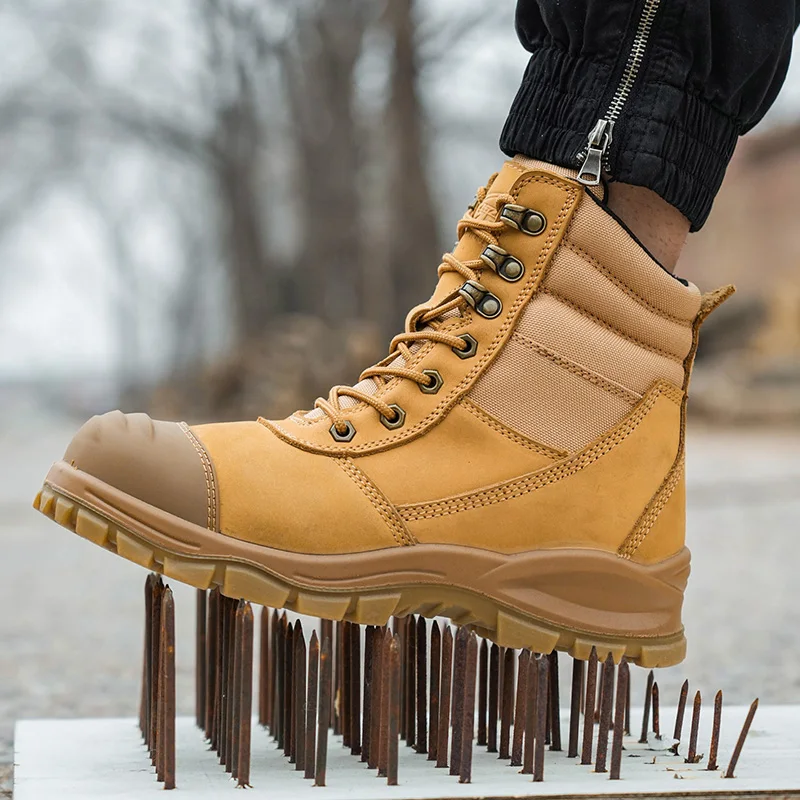 Hot Sale Brown crazy horse and Yellow nubuck leather With Zipper safety work boots, Anti-smash Anti-puncture Safety Martin Boots