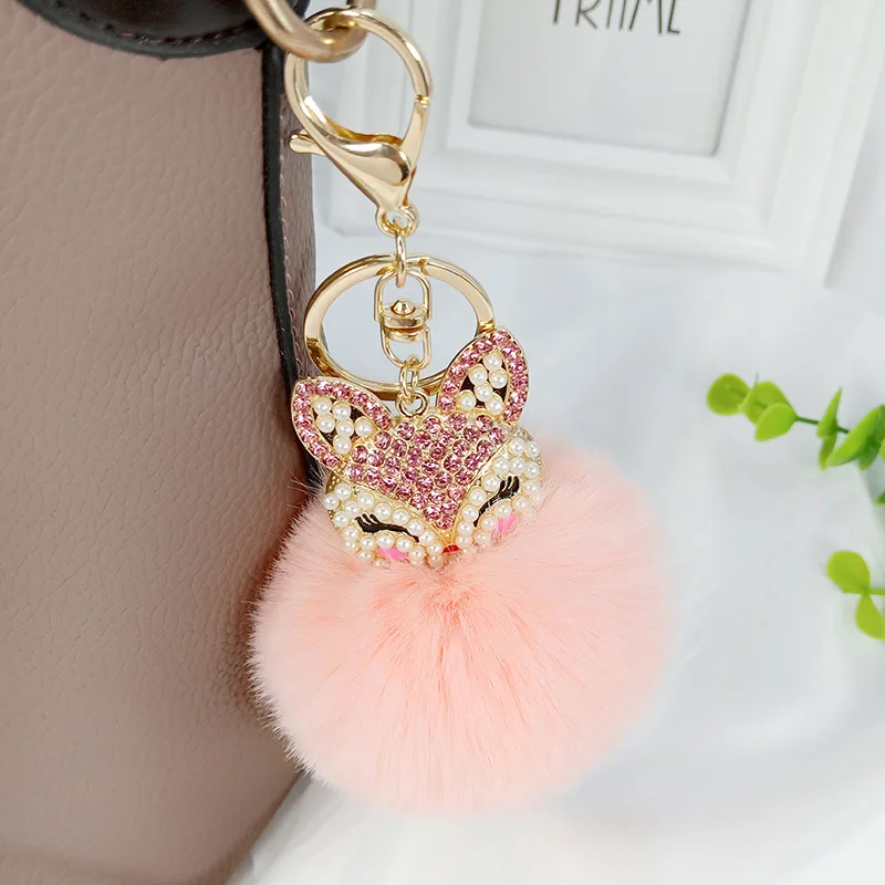 New Hot Juli Cute Charm Fox Fur Ball Pendant Keychain Pearl and Rhinestone Fox Head Keychain