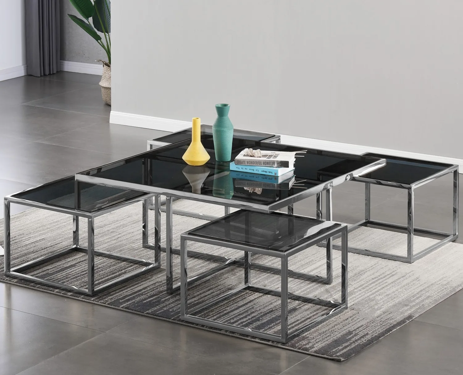 MODERN grey black glass nesting 4 coffee table set silver stainless steel center table for home living room furniture