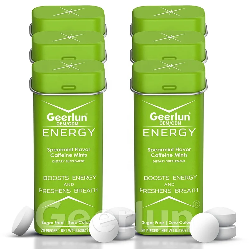 ODM OEM Nootropic Supplements Boosts Energy Focus Sugar Free Tablets Freshens Breath Spearmint Flavor Caffeine Mints Candy