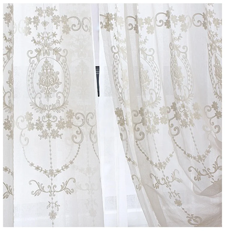Classical Floral White Color Roman Curtains For Window Embroidery Tulle Sheer  Curtain