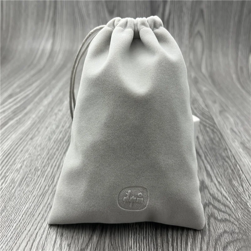 Wholesale luxury grey velvet drawstring jewelry bag with embossed logo for watch/eyewear