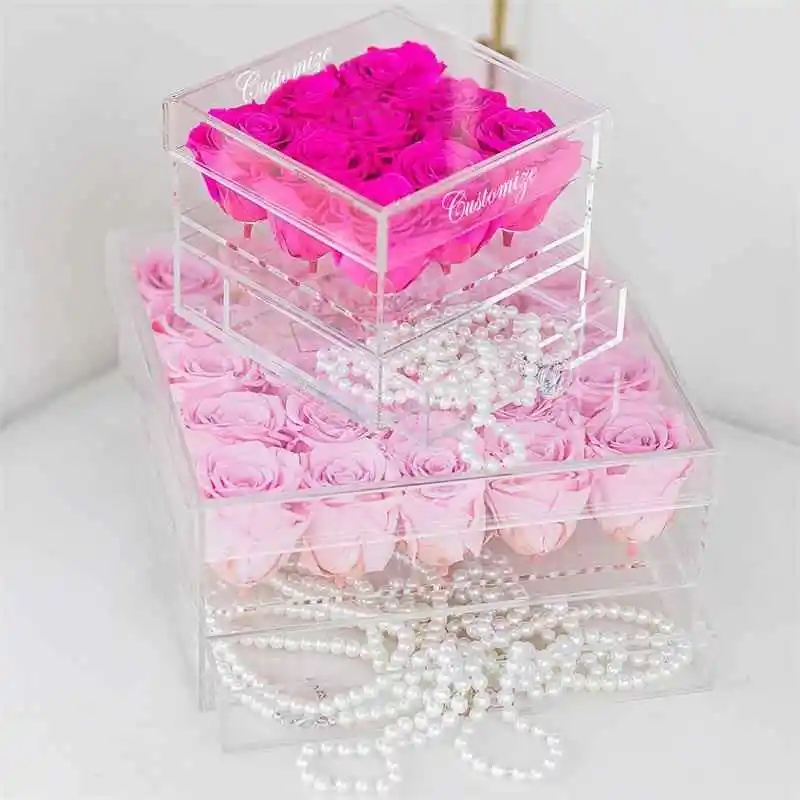 New Clear Acrylic Flower Box Rose Makeup Cosmetic bottle presenter Gift Boxes For Girlfriend Valentine Without Flowers