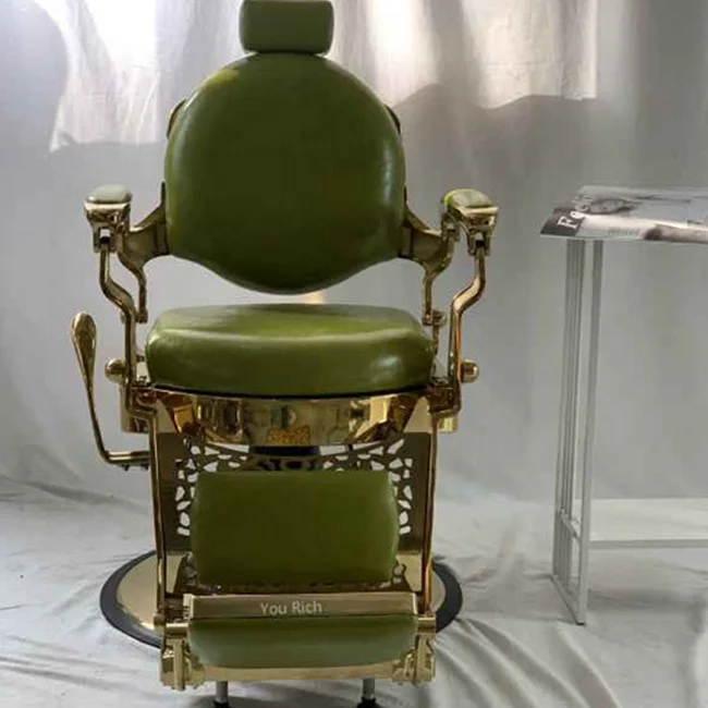 Green Antique Barber Chair With Gold Frame Hairdressing for Barbershop Hair Salon