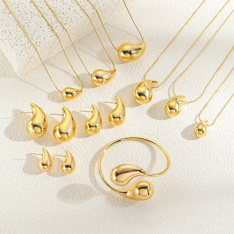 Stainless steel Teardrop Gold Big Earrings Fashion Jewelry Gift Waterdrop Gold Earrings Necklace Bracelet for Women