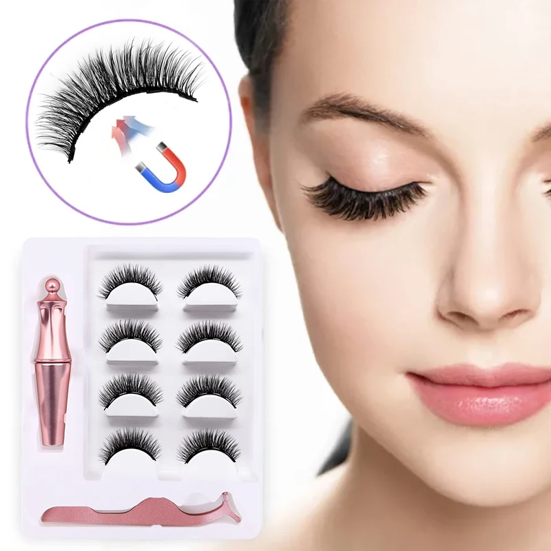 3d Invisible False Mink Natural Long Magnetic Eyelashes Set With Eyeliner Set Private Label Thick Silk Magnetic Eye Lashes