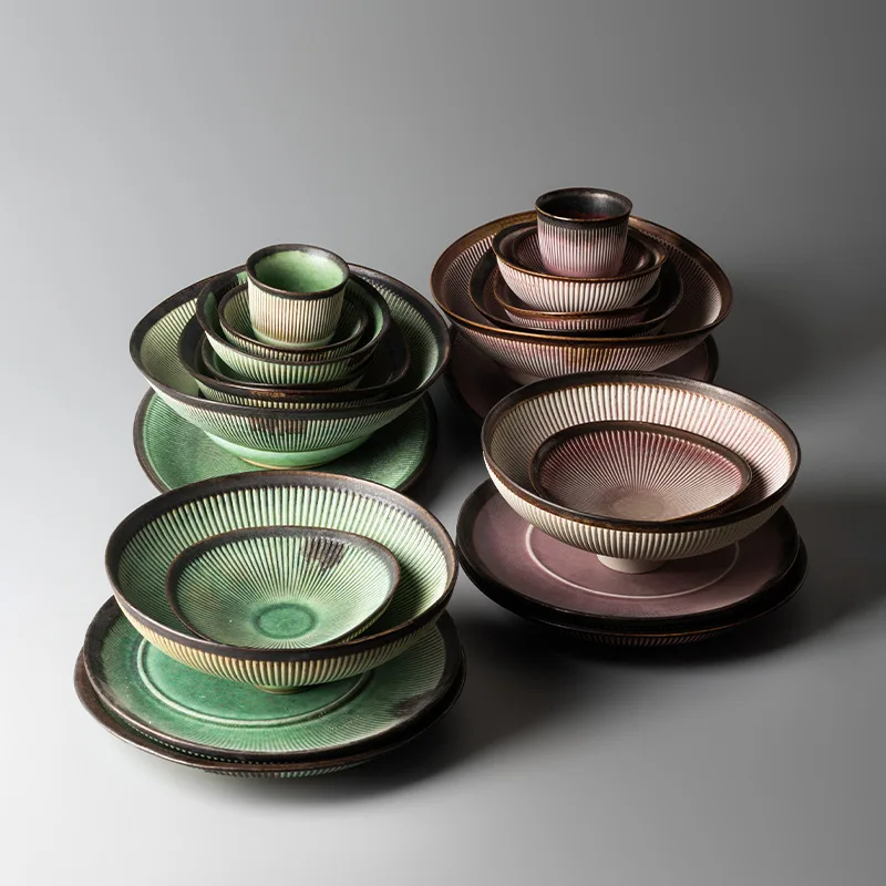 Легкая Роскошная Ретро грубая керамическая посуда маленькая/Большая домашняя миска и тарелка набор посуды для пожилых людей свадебного домашнего использования