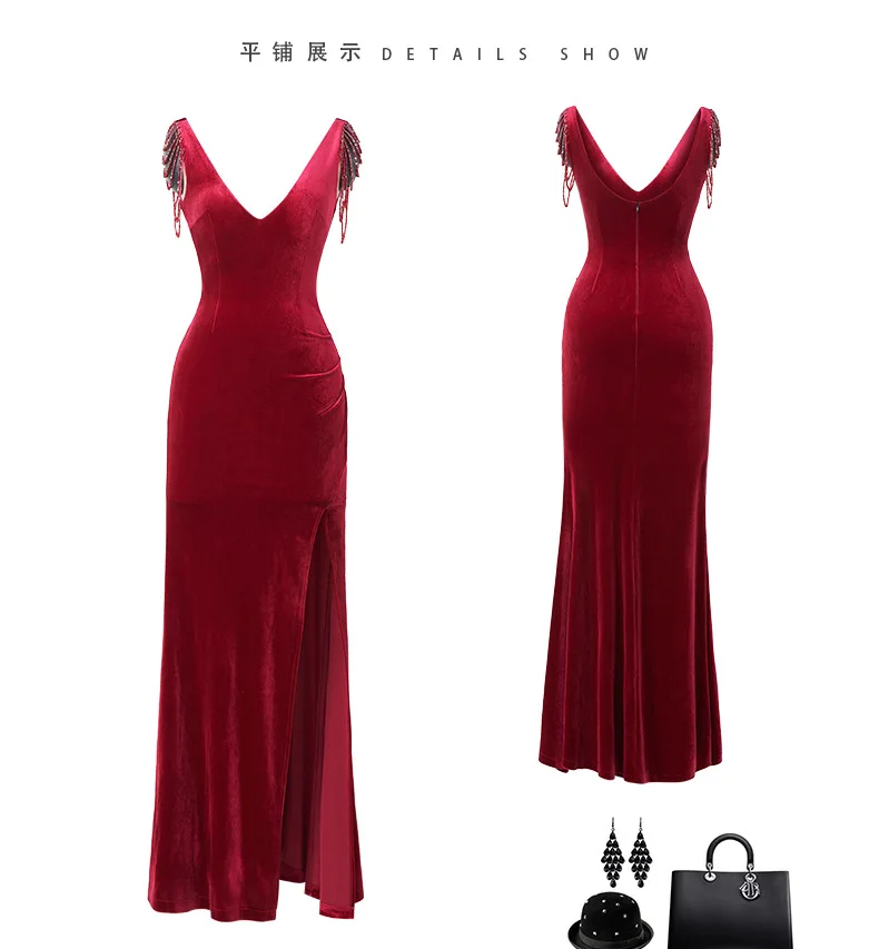 Sexy V Neck Modest Evening Gowns with Tassels Eye-Catching Formal Party Long Evening Dresses Prom Dress Long Trumpet Ball Gown