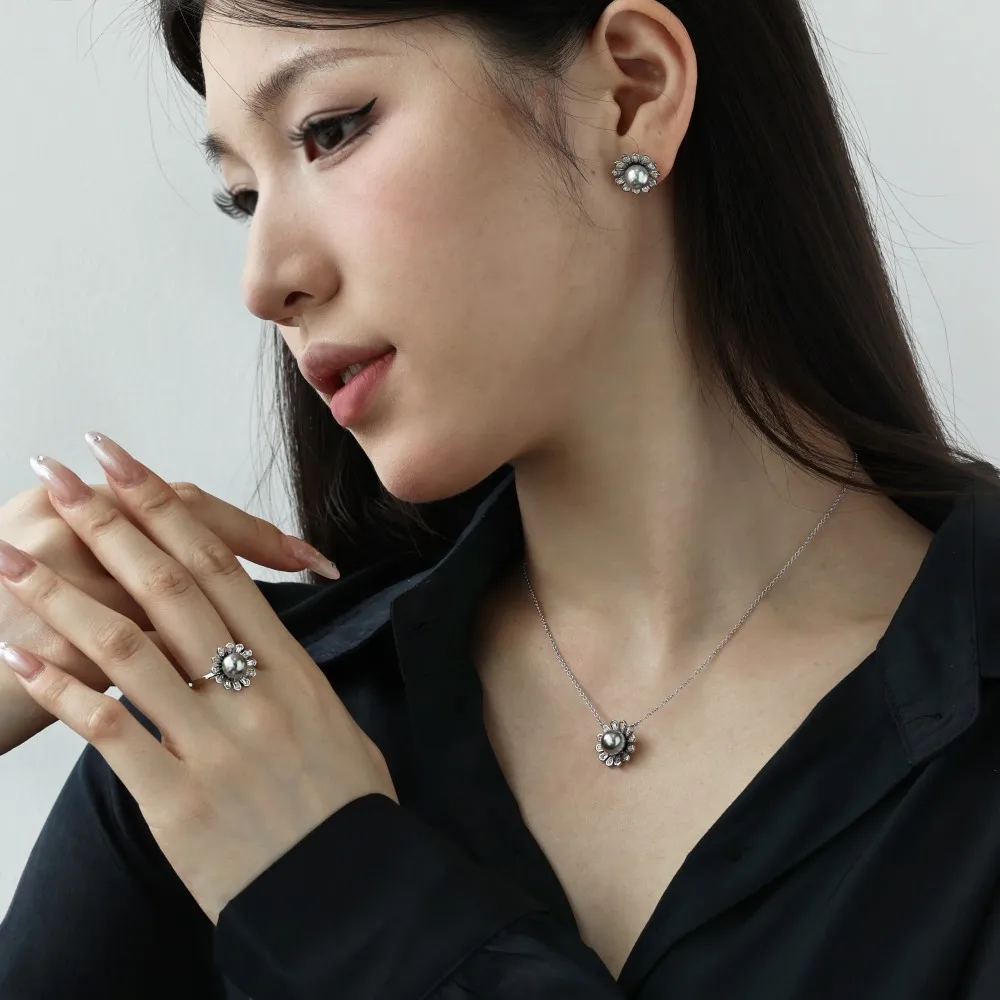 Dylam Elegant Design Hypoallergenic S925 Silver Rhodium Plated Shell Pearl 5A Zirconia Necklace Earrings Ring Women Jewelry Set