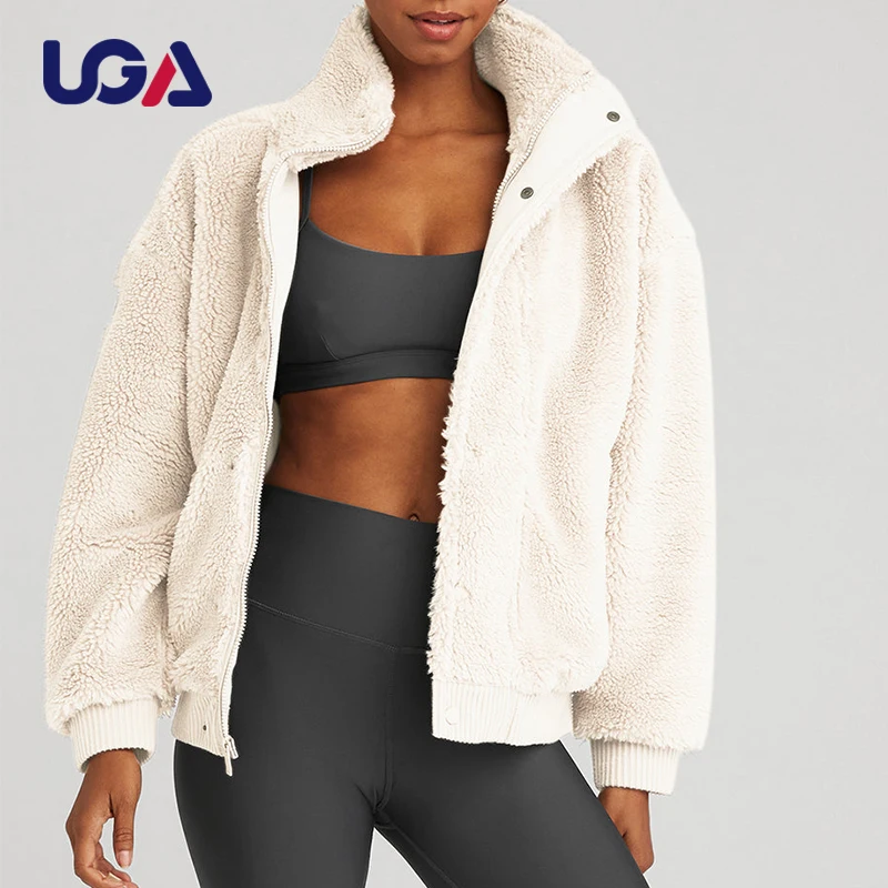 High Quality Faux Fur Coat Womens Shackets Embroidery Logo Custom Winter Warm Full Zipper Plush Fleece Sherpa Jacket