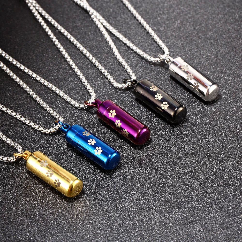 Wholesale Vintage Multi-color Stainless Steel Dog Paw Print Can Open Perfume Bottle Pendant Necklace Jewelry For Women