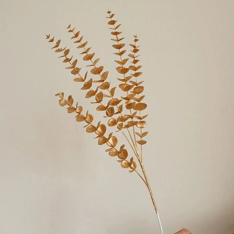 Home Decor Artificial Golden Plant Plastic Eucalyptus Leaves Gold Vintage Greenery Artificial Plants Eucalyptus
