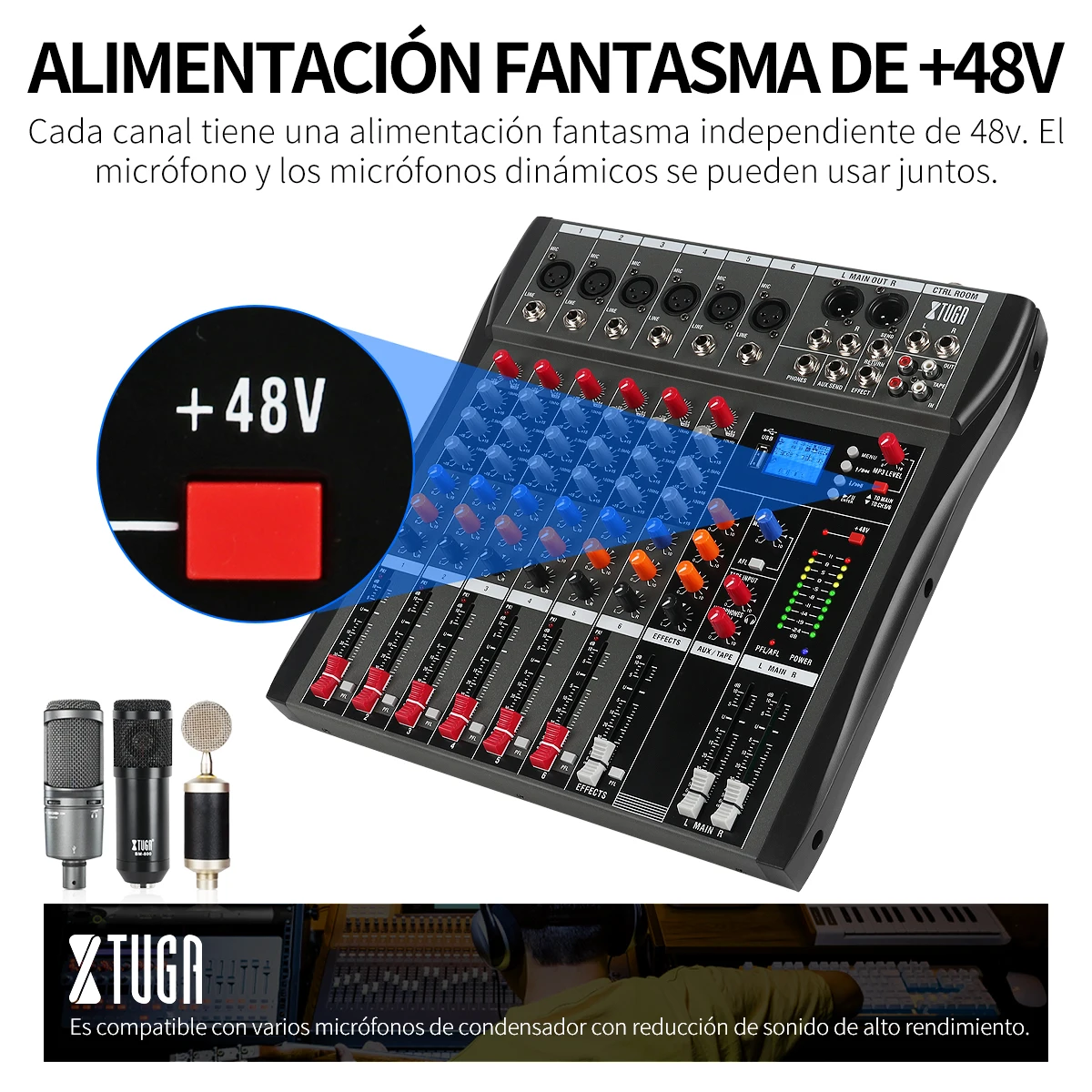 CT60X 6 Channel Audio Mixer Professional Audio Mixer Mixing Console with MP3/BT Function/USB Recording