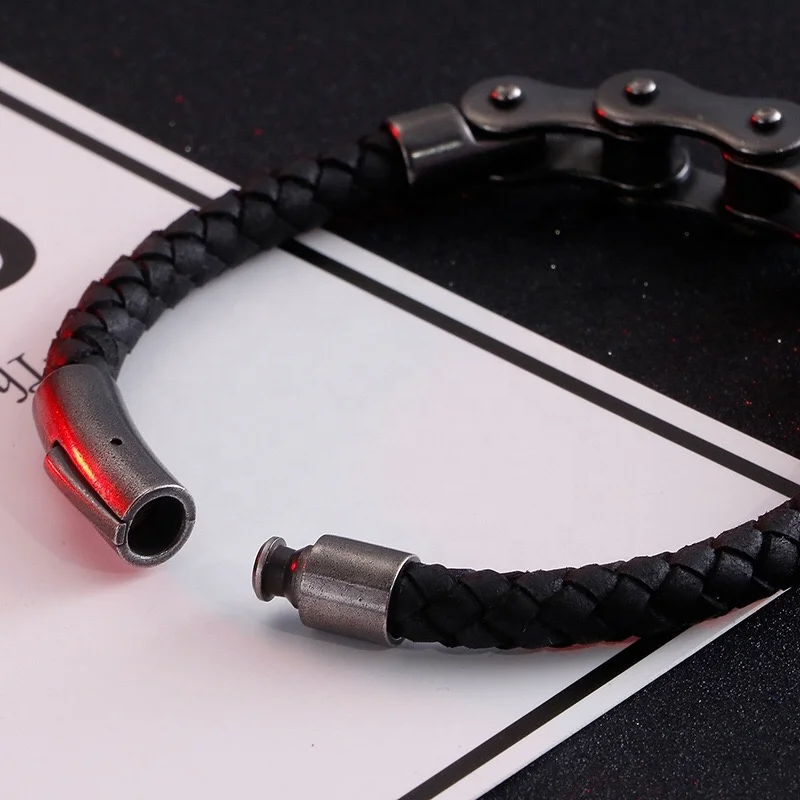 Мужской черный винтажный кожаный браслет из нержавеющей стали