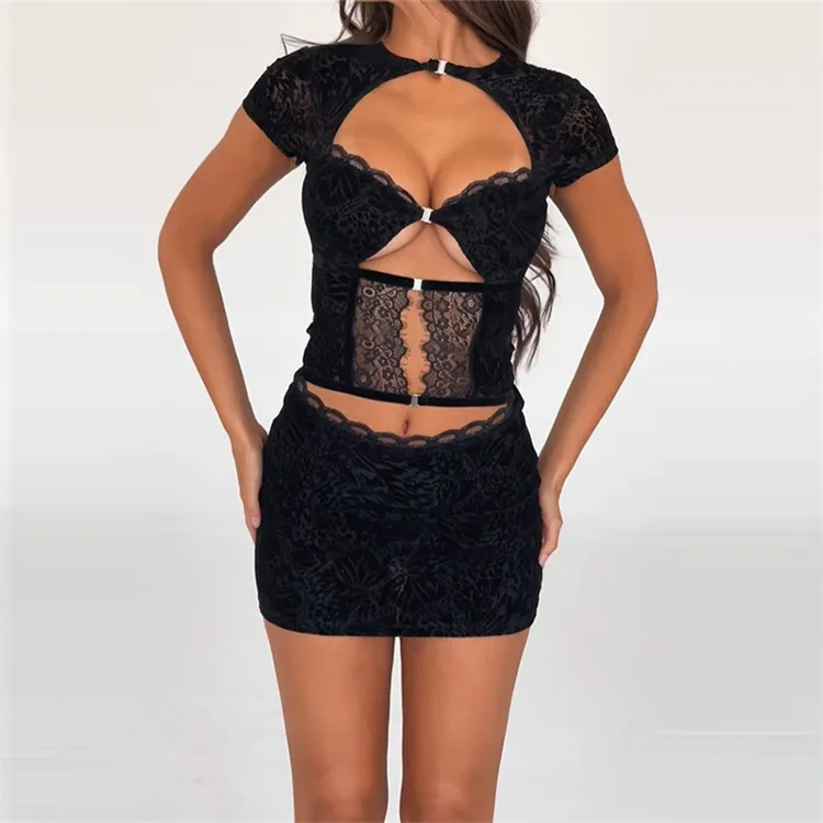 F3463-fashion summer 2024 black party dress lace flocking sexy hollow out dress for ladies