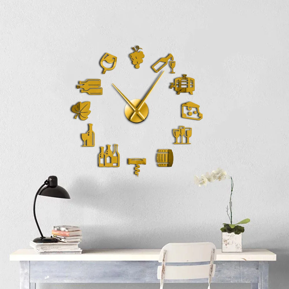 Cheese and Wine Modern Frameless DIY Giant Silent Wall Clock Alcoholic Drink Pub Bar Sign Cork Screw Decorative Wall Watch