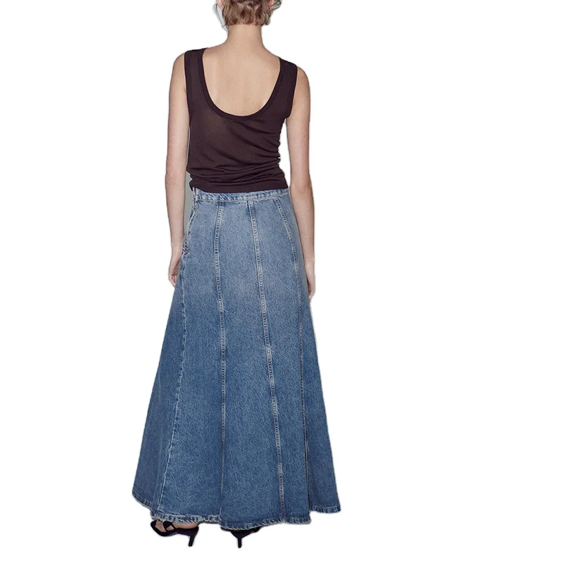 Factory OEM Custom High-Waist Flared Hem 100% Cotton Casual Elastic Long Denim Skirt  For Ladies