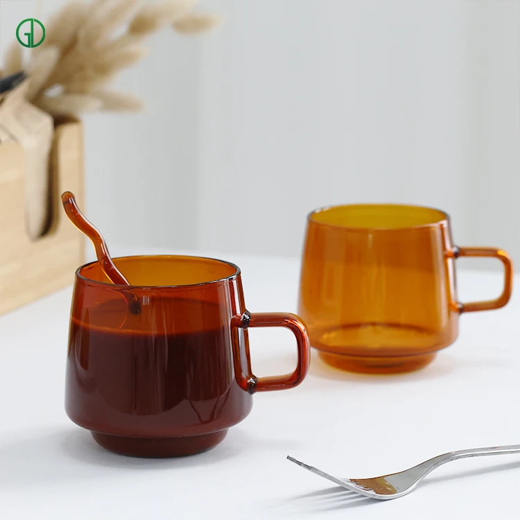 OEM 350ml Custom Blown Heat Resistant espresso Borosilicate Amber Clear Glass Coffee Mug Cup with Handle