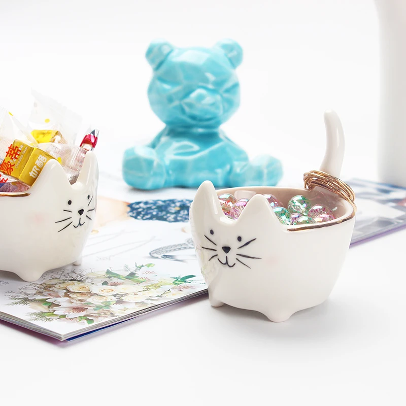 Ceramic Lovely fortune cat Design Trinket Dish Geometric Ceramic Planters  Decorative Bowls Candy Holder