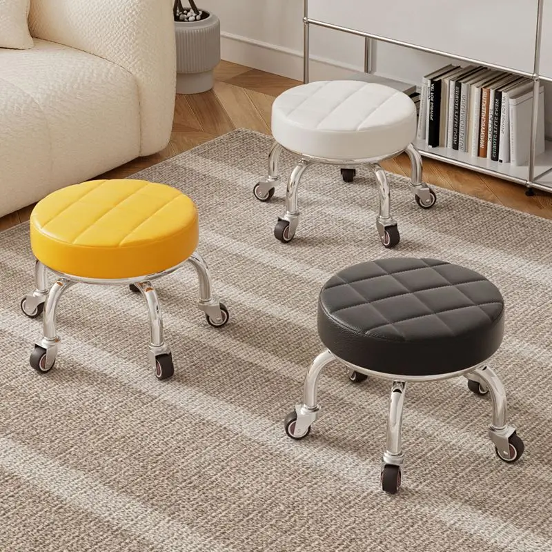 Leather Low Rolling Stool - Swivel Small Stool with Universal Caster Wheels for Home Office Garage Shop Fitness Sport