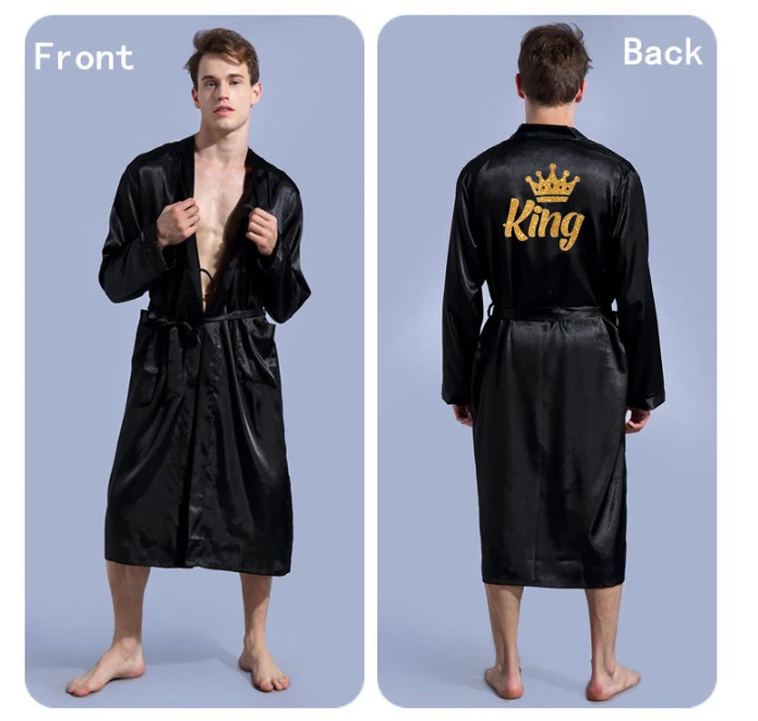 
Women Men Personalized Customized Satin Kimono Robe For Male King Female Queen Nightgown 