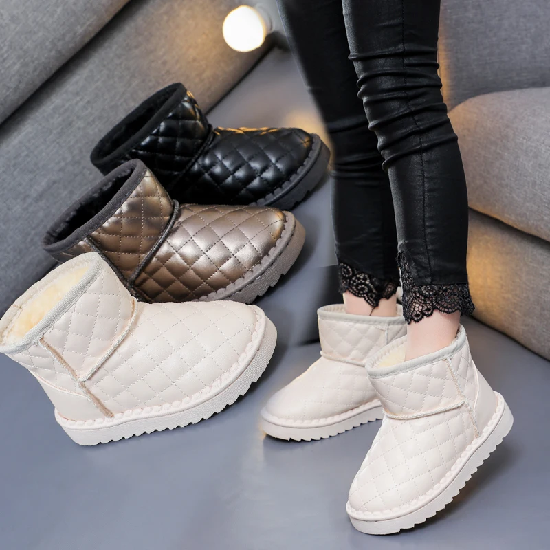 Autumn and winter children plus velvet and cotton leather surface snow boots 26-37 size outdoor warm boots