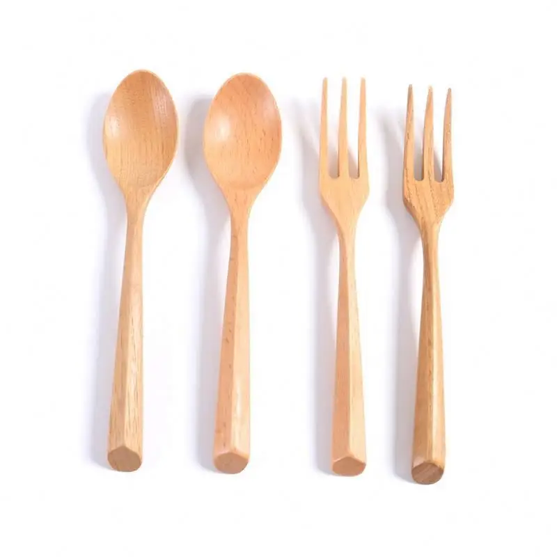 High Quality 100% Natural Wood Fork And Spoon Set Dessert Spoon Fruit Fork Wooden Cutlery Set