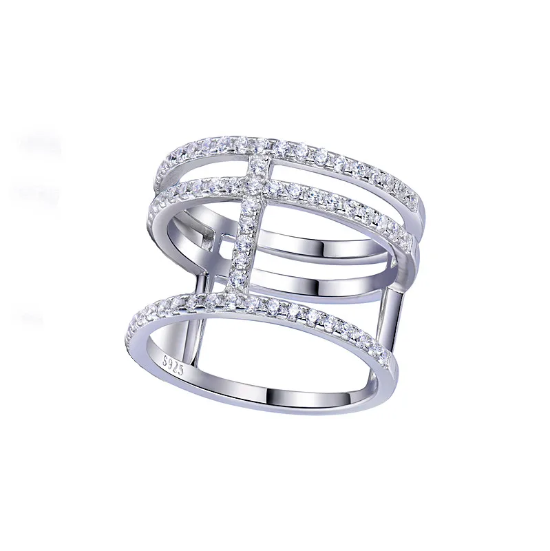 Wonder Big Bold Triple Layers Chain Gold Pave Silver Gems Grade AAAAA Cubic Zirconia 9ct Carats 10K Gold Ring Women, Gold Ring