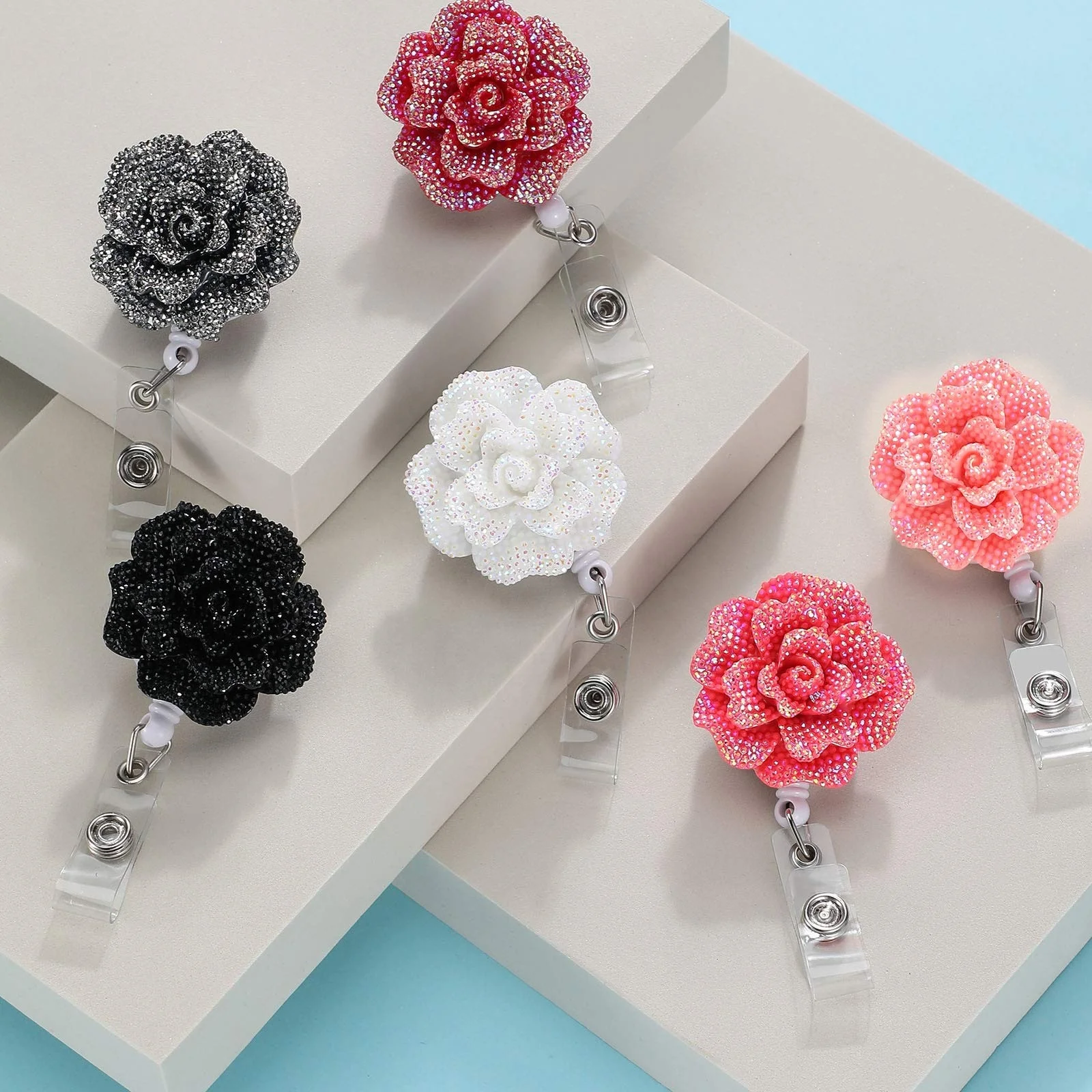 Glitter Flower Nurse Badge Reel Decorative Badge Holder Retractable ID Badge Reels Holder with Alligator Clip