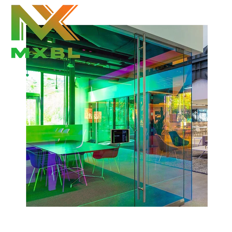 Mei Xin Glass Manufacturer Dichroic Glass 6mm Iridescent Color Coating Glass Panel in Blue Purple  Green for Custom