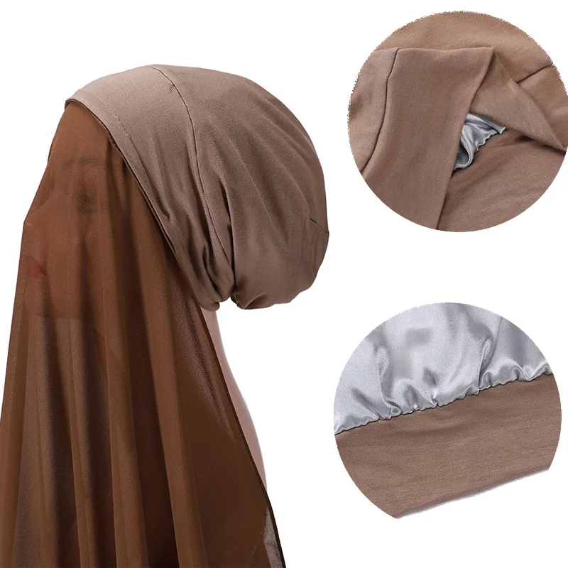 Newest Chiffon hijab with Satin Lined Bonnet Underscarf Custom made instant Hijab with Cap Silk Satin undercap