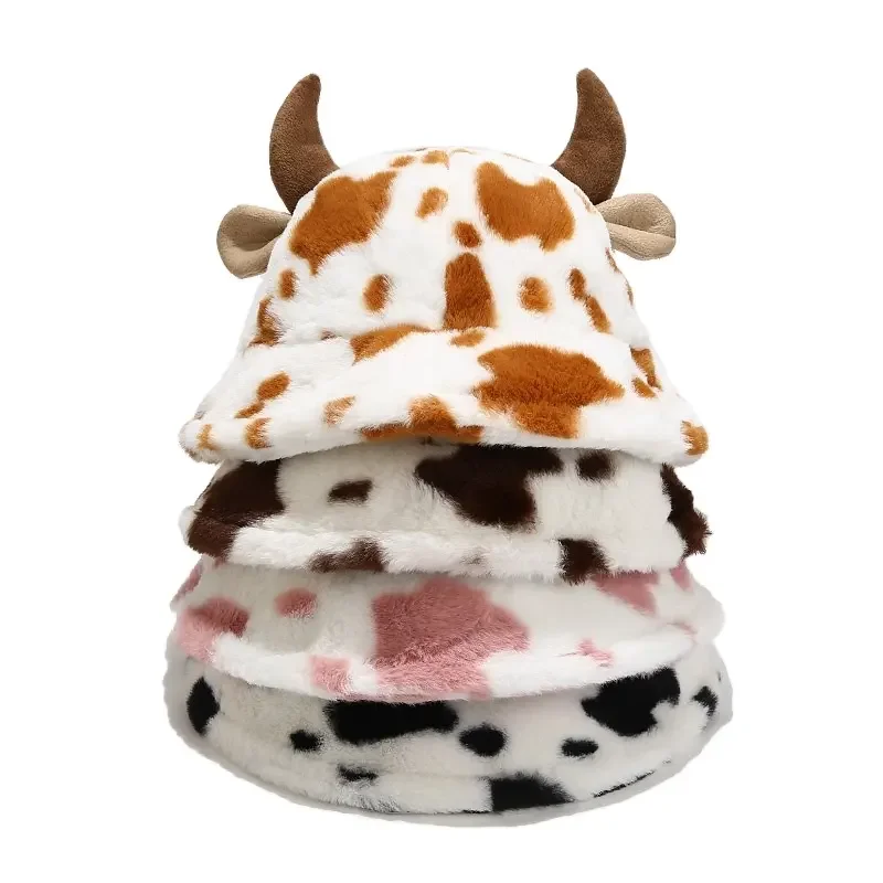 Fashion Animal Horn Cute Women Girls Winter Cow pattern print fishman hat Plush Fuzzy Cow Fluffy Bucket Hat Fur