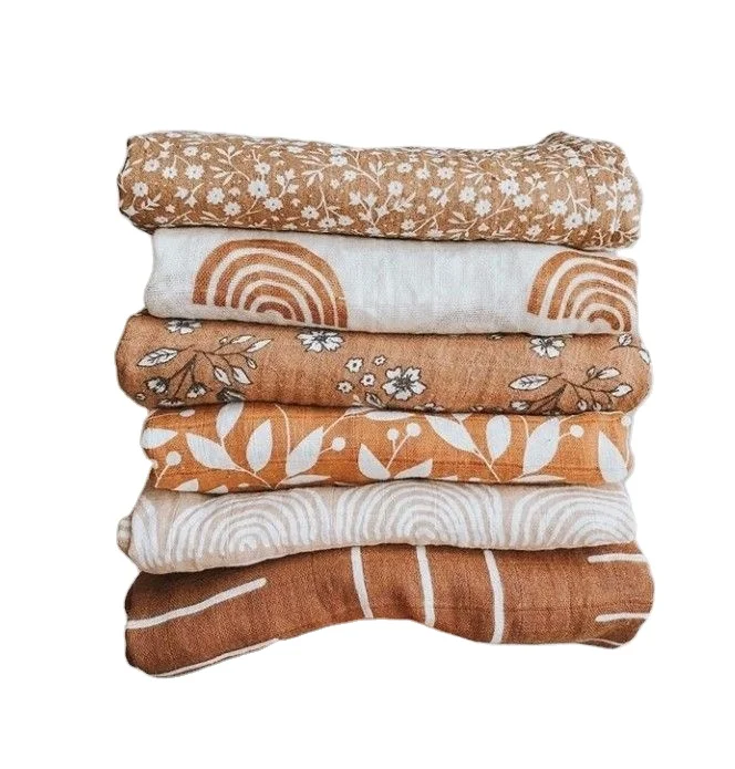 Customized Reactive Pattern Baby Bamboo Muslin Blanket 2 layers swaddle Blanket Wholesale Organic Cotton Fabric Muslin Blanket