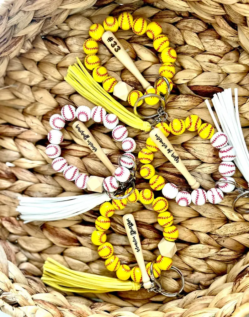 Hot Sale Sports Volleyball Basketball Soccer Baseball Wooden Beads Bracelet Keychain Gift For Mom Suede Tassel Wristlet Key Ring