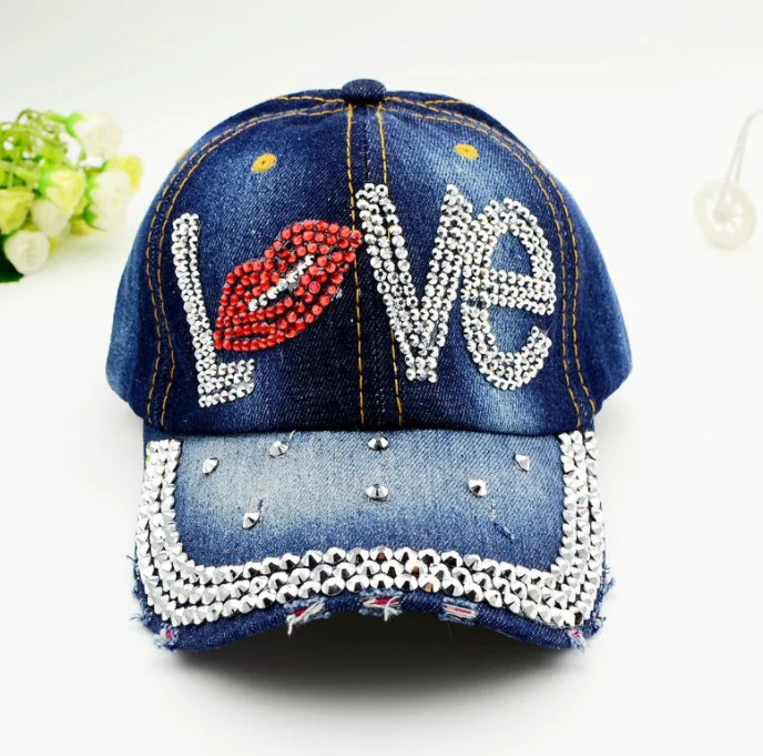 Women Distressed Denim Baseball Cap Rhinestone Jeans Bejeweled Crown Sparkle Bling Hat