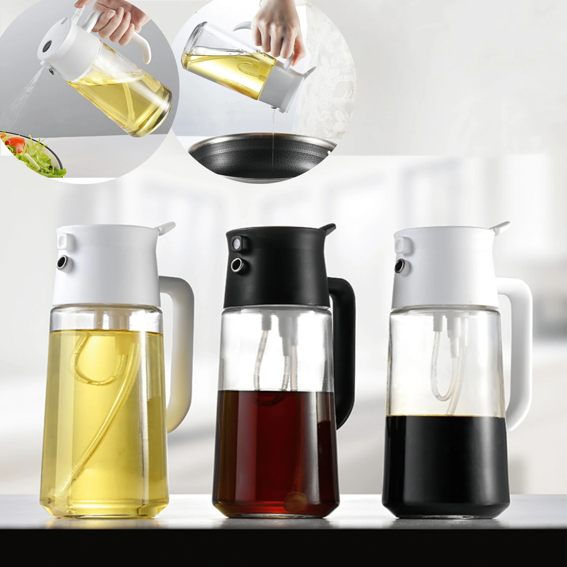2 in 1 Olive Oil Sprayer and Oil Dispenser 500ML Glass Bottle Oil Pot Spray Mister for Cooking,Kitchen,Salad,BBQ,Air Fryer