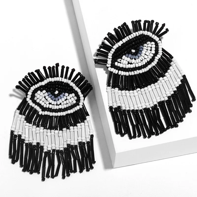 Wholesale Bohemian Fashion Long Tassel Creative Cartoon Evil Eye Shape Hand Made Seed Bead Stud Earrings for Women