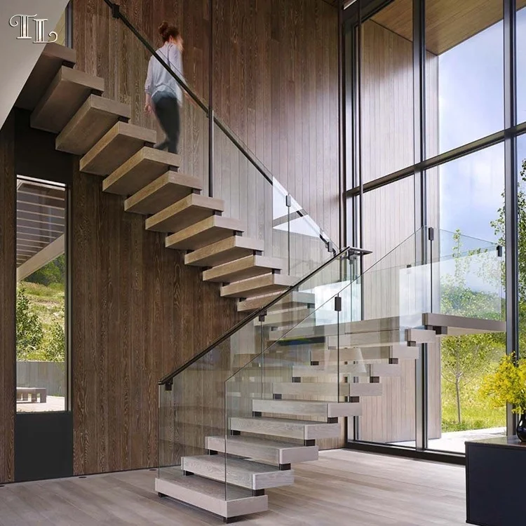 Indoor wooden staircase modern glass staircase indoor wood straight stairs glass railing system