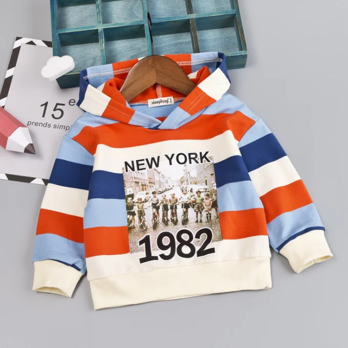 
KS1318 Fashion print baby boys cotton striped hoodie pullover design 