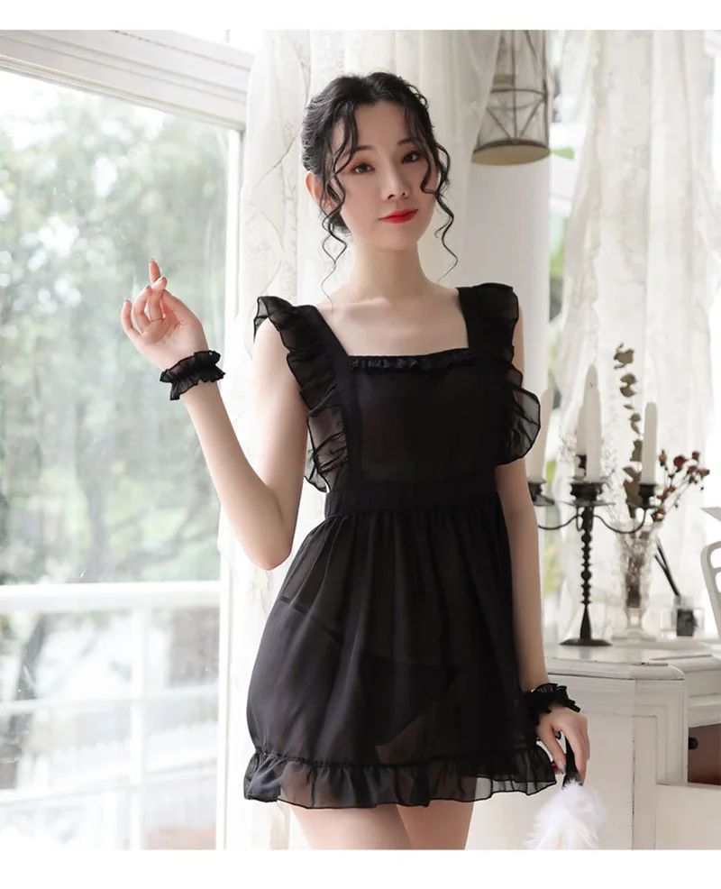 Sexy Mesh Transparent Adults Home Kitchen Apron Dress Lady Cosplay French Maid Uniform Women Waitress Aprons For Bar Princess