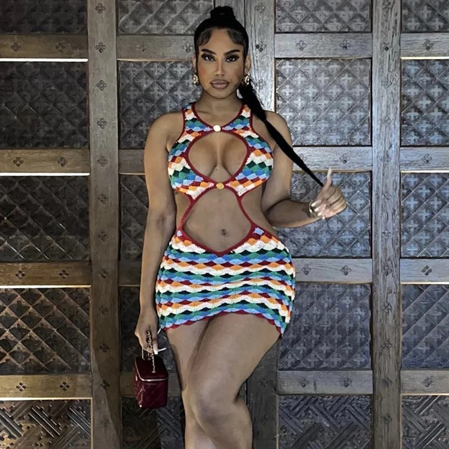 Kliou K23D28014 Aesthetic Plaid Print Slim Dress Unique Hollow Out Mini Dress Diamonds Patchwork Women Casual Dresses