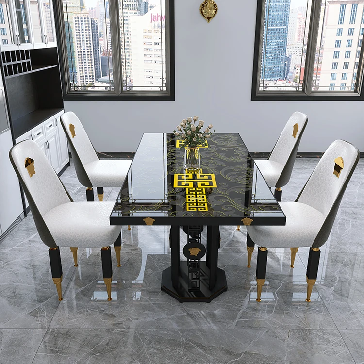 Custom classic flash black gold metal frame dining room table set restaurant furniture home porcelain luxury dining table set
