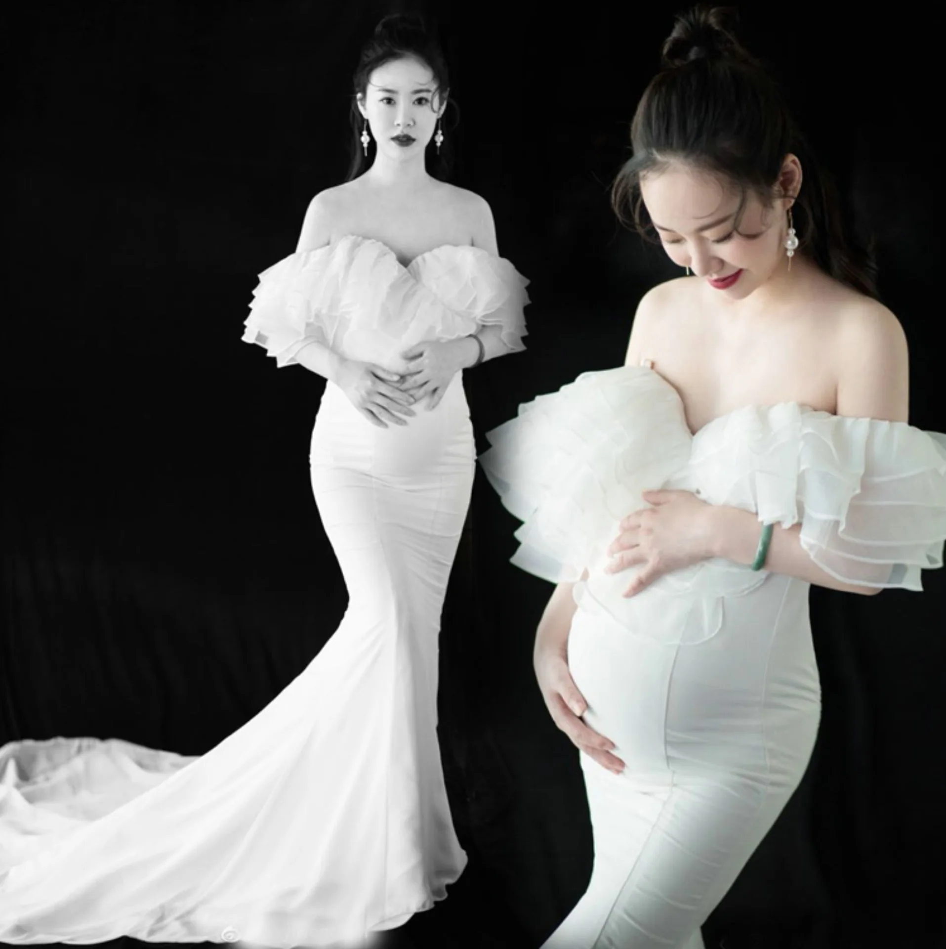 Perspective pregnant woman portrait dress private art photo dress white fishtail skirt