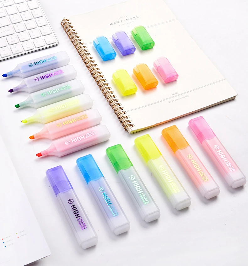 Custom free sample mini en gros aesthetic erasable pink cute glitter pastel color highlighter stick marker pen set stationery