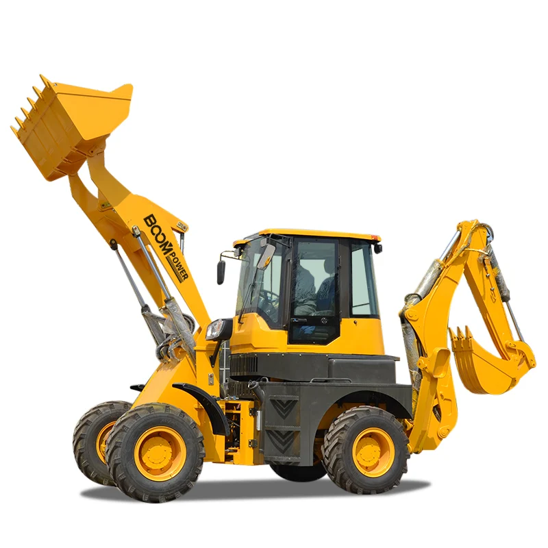 Small four-wheel drive backhoe loader crushes soil and shovels in one two busy loader agricultural