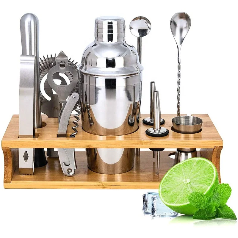 Набор бармена из 12 предметов с бамбуковой подставкой, набор коктейльных шейкеров с спиртовым шейкером 20 унций из нержавеющей стали и ситечком