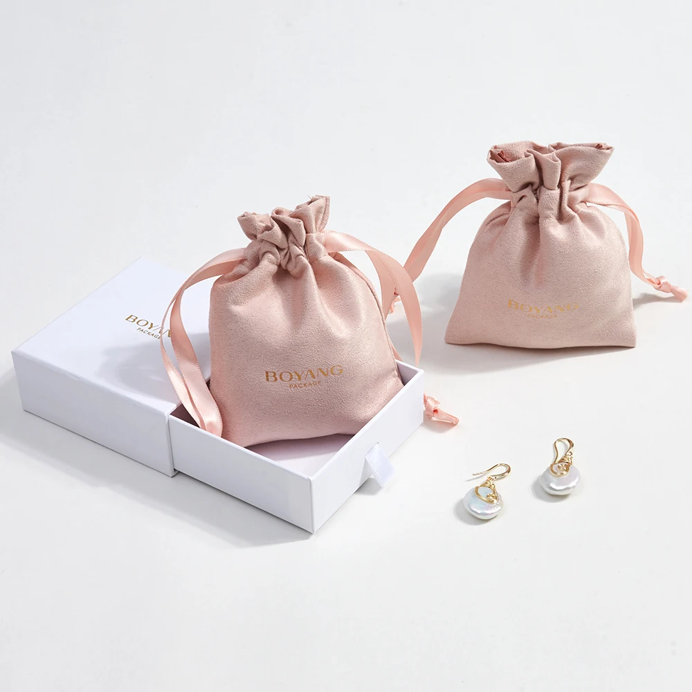 Custom Logo Multifunction Drawstring Velvet Suede Jewelry Bag Packaging Jewelry Pouch with Box