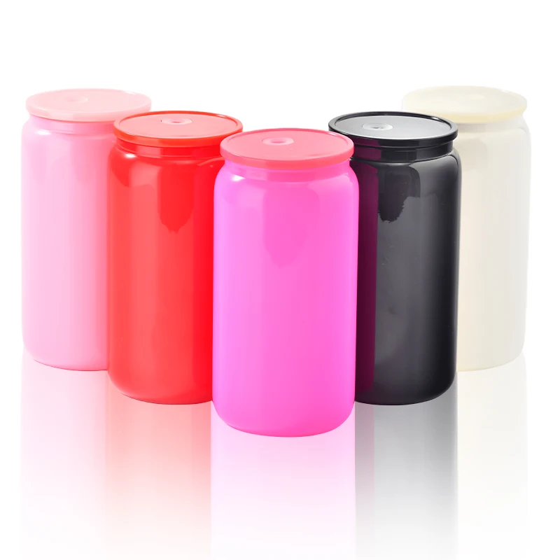 USA Warehouse 16oz Sublimation Clear Glass Mug  16 oz colorful Glass Beer Can With Bamboo Lid And Straws